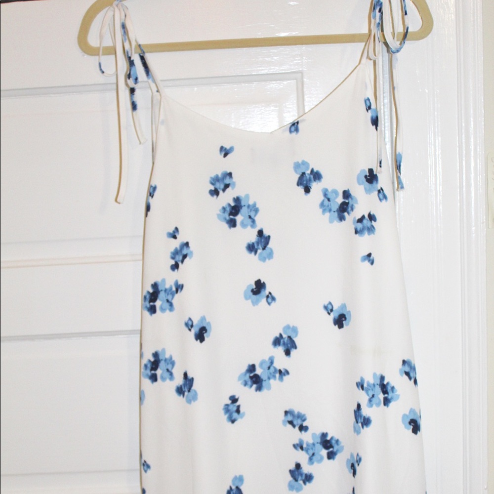 White and blue floral shoulder tie sundress